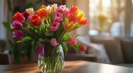 Colorful Tulips in a Vase on a Table