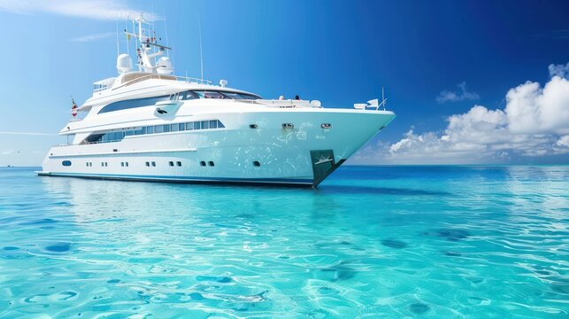 A white luxury yacht is anchored in the beautiful clear blue waters of a tropical location with a vibrant sky - Powered by Adobe