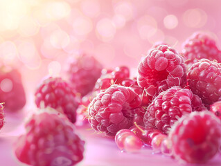 Juicy appetizing raspberry on isolated pink background, fresh fruit