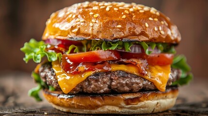 A mouthwatering photo of a juicy hamburger stacked with fresh ingredients and oozing with melted...