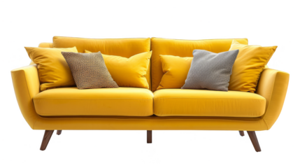 Modern yellow sofa with cozy cushions isolated on white background, highlighting vibrant home decor and stylish minimalism. Perfect for interior design, furniture catalogs, or lifestyle branding.