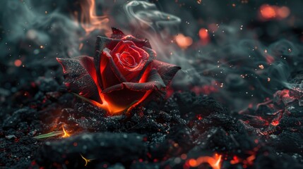 Glowing rose on a pile of ashes and embers and smoke. Rose on fire