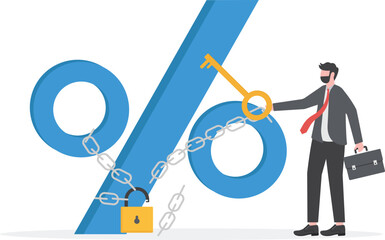 Interest concept. Businessman unlocks percentage with key

