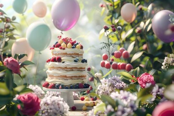 Joyous Birthday Cake in Sun Dappled Garden with Whimsical Balloons