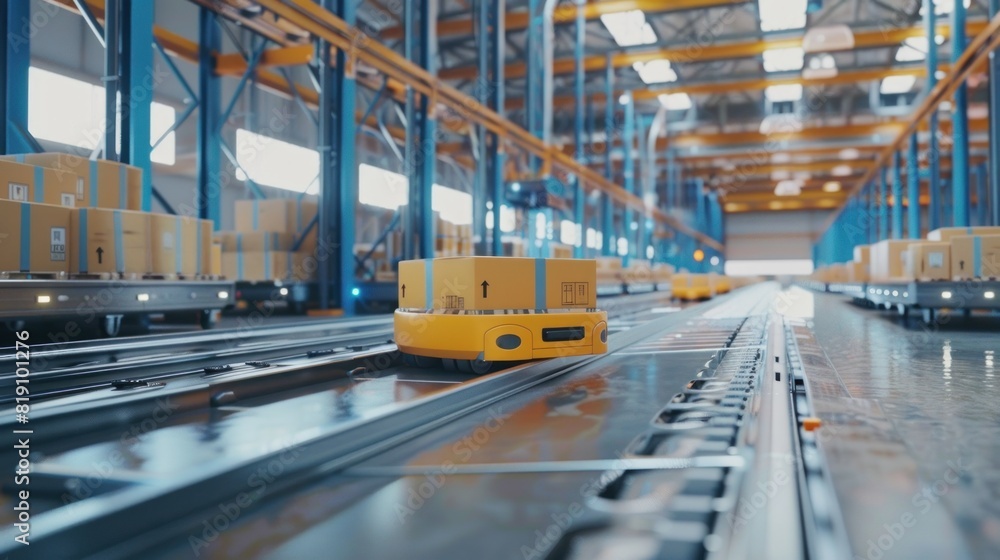 Poster high-tech logistics warehouse with automated robots sorting packages, emphasizing innovation in the 