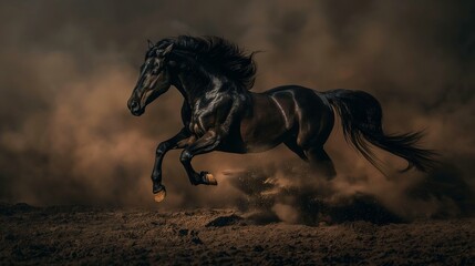 Powerful Black Horse Galloping Through Dusty Terrain