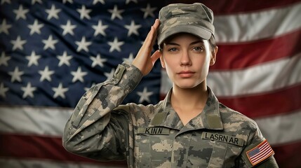 Proud Female Soldier In Camouflage Uniform Saluting In Front Of American Flag