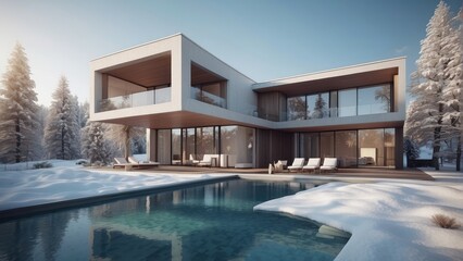 Fototapeta premium Architecture modern house villa with swimming pool in winter, 3D building design illustration