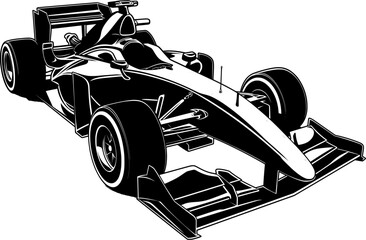Formula 1 car isometric view black vector icon isolated on a transparent background.