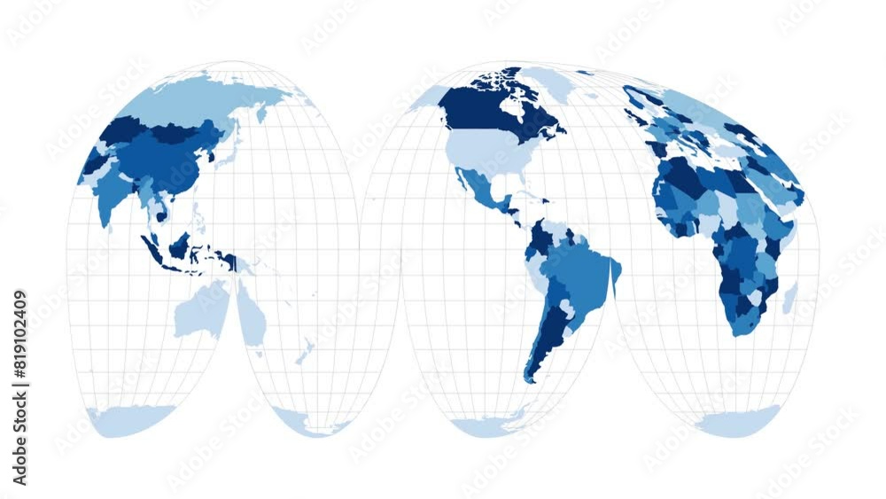 Poster world map. goode's interrupted mollweide projection. loopable rotating map of the world. beautiful f