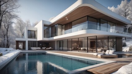 Fototapeta premium Architecture modern house villa with swimming pool in winter, 3D building design illustration