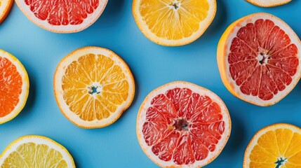  Grapefruit and orange slices on a blue background.