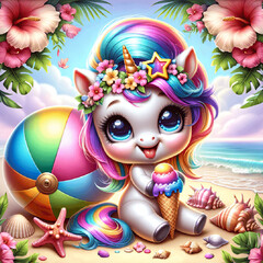 Cute unicorn with rainbow mane and floral crown holding an ice cream cone on a tropical beach with a beach ball.
