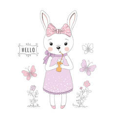 Cute little rabbit girl drinking juice