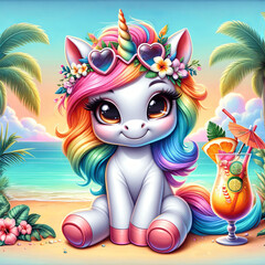 Cartoon unicorn with rainbow mane and floral crown relaxing on a tropical beach with a colorful cocktail.