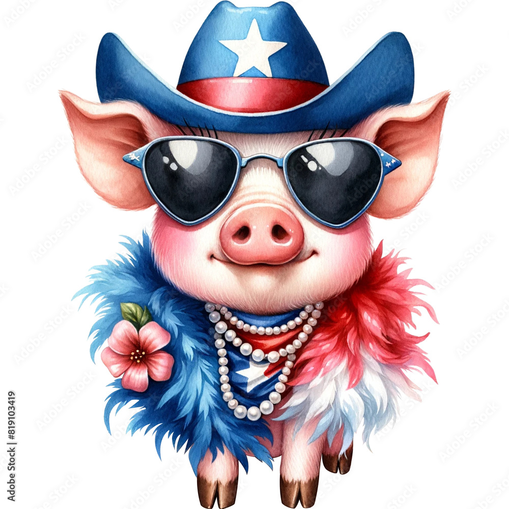 Wall mural cute happy pig watercolor clipart,cute with American Cowboy hat, pig with cowboy hat and sun glasses, cute with feather boa and pearls