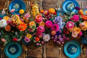 Aerial view of a designer table set with rainbow motifs and luxurious Pride month decor