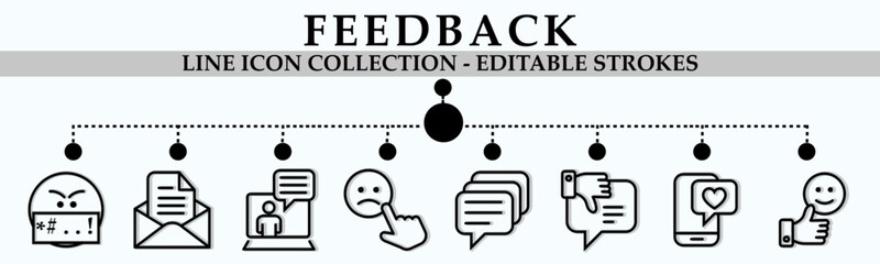 Feedback line icon collection. Containing icons of cyber bullying, mail, online help, comments, bad feedback and more. Linear icon collection. Editable stroke. Vector illustratio