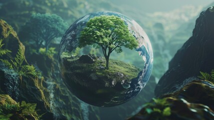 Green forest with the Earth global planet that tree growing from inside, healthy environment background, sustainable environment.