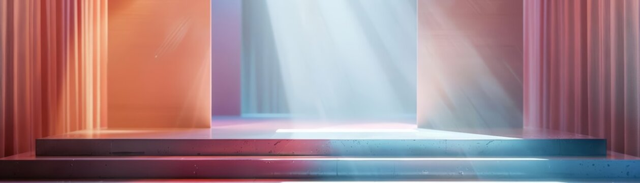 Close up of a blank podium at a fashion event, where new designs holographically parade without models, against a softly focused runway, sharpen with copy space