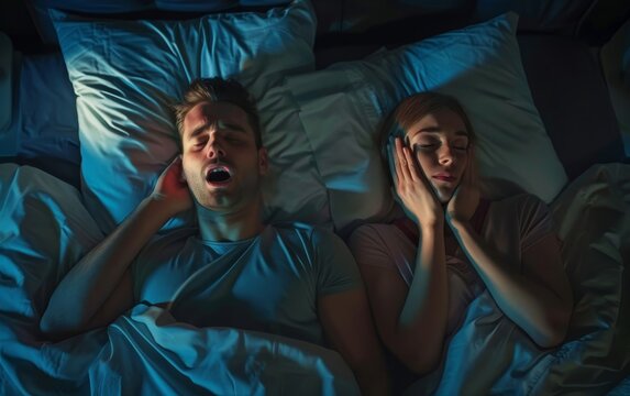 A couple experiences sleep disruption in bed, with the man snoring loudly and the woman covering her ears to block the noise.