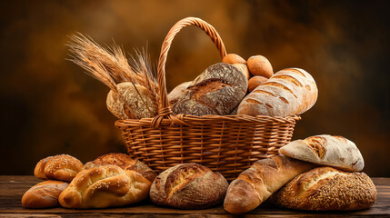 Wicker basket filled with various types of freshly baked bread is surrounded by additional loaves and rolls on a rustic wooden table.