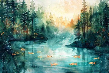 Close up of a clipart depicting a watercolor river flowing through a forest