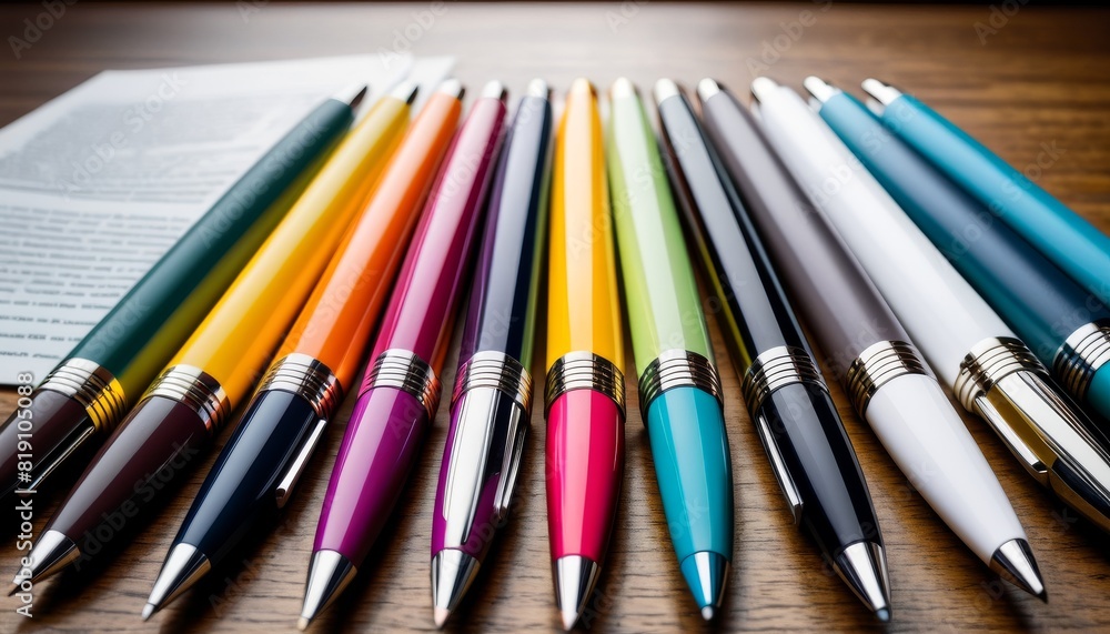 Poster close-up view of a vibrant selection of multicolored pens neatly lined up, with a blurred document i