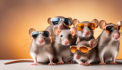 Creative animal concept. Group of mouse mice friends in sunglass shade glasses isolated on solid pastel background, commercial, editorial advertisement white background