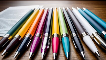 Fototapeta premium Close-up view of a vibrant selection of multicolored pens neatly lined up, with a blurred document in the background.. AI Generation