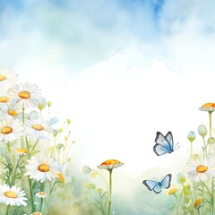 A watercolor painting of a field of daisies with two blue butterflies