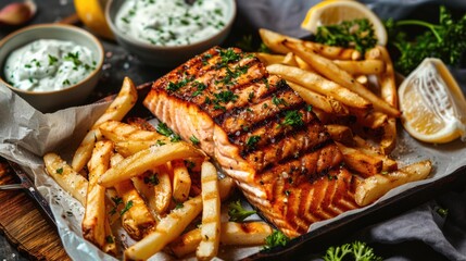 Grilled salmon with French fries, tartar sauce and parsley
