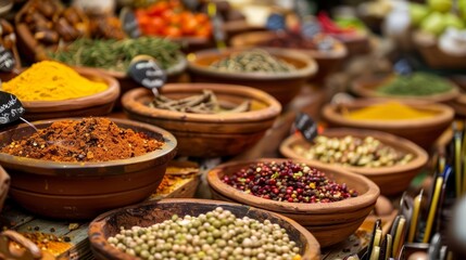 Fototapeta premium Close up of a culinary tour card, with buttons to sample virtual flavors of exotic dishes served on a gastronomic tour of a distant urban food market, sharpen with copy space