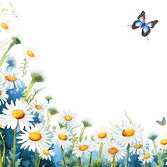 Create a watercolor painting of a field of daisies with a blue butterfly