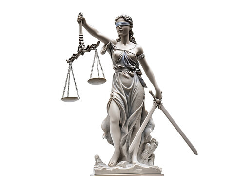  A statue of Lady Justice cut out transparent isolated on white background PNG file artwork graphic design.
