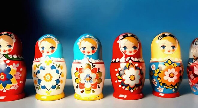 many matryoshka figurines on a blue background