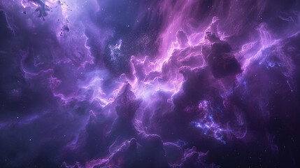 Deep space nebula with iridescent purple gas clouds.