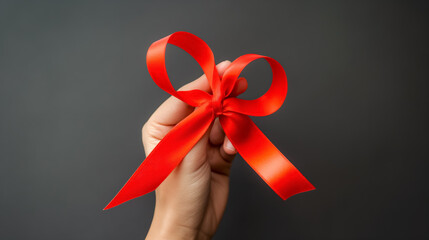 Hand holding a neatly tied red ribbon bow against a dark background, symbolizing gift-giving, celebration, and elegance.