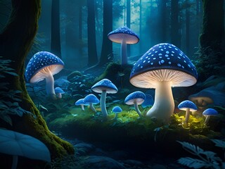 Mushrooms flourishing in a dense forest environment.. Generative AI