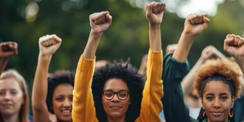 Fototapeta premium Group of multiethnic people raised fists up to the air
