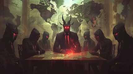 Group of people gathered around a table over a world map. A shadow government is plotting to conspire and seize power. The scene is tense and serious. Illustration for varied design.