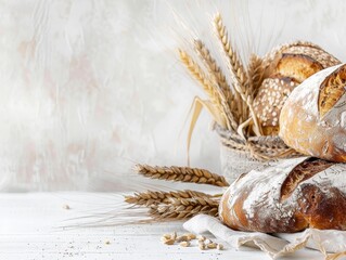 Three loaves of bread with a pile of wheat on a wooden table