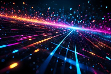 Obraz premium Futuristic data technology background. with neon lights and glowing orbs