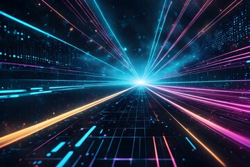 Futuristic data technology background. with neon lights and glowing orbs