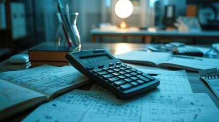 desk covered with mathematical notes, a calculator, and study materials, reflecting a scene of focused academic work and problem-solving