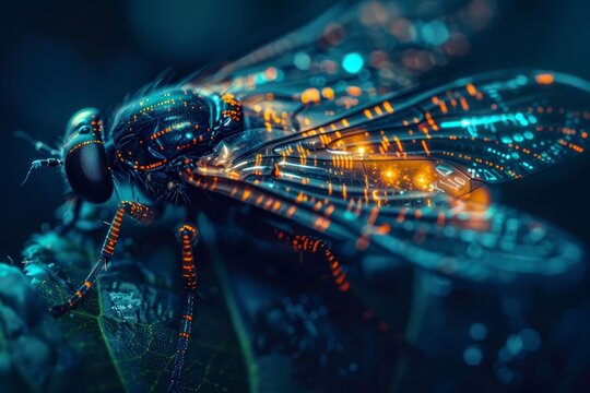 Close up of a genetically engineered firefly, glowing with bioluminescent codes to communicate data in a shadowy, futuristic laboratory, sharpen with copy space