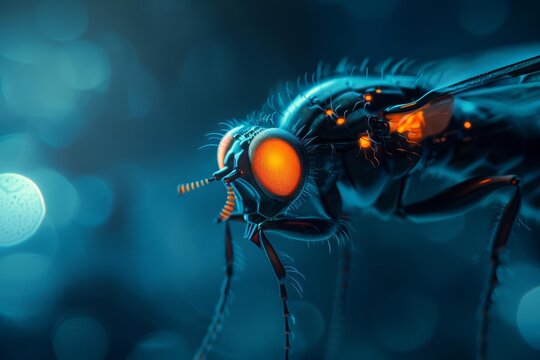 Close up of a genetically engineered firefly, glowing with bioluminescent codes to communicate data in a shadowy, futuristic laboratory, sharpen with copy space
