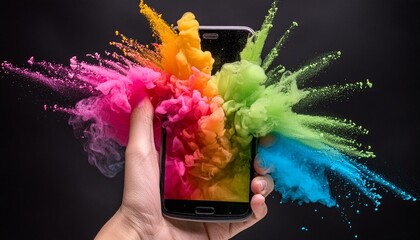 Holi colors from modern smartphone, colorful background