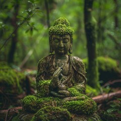 Guardian of Nature, statue of Buddha covered in green moss meditating in the wood
