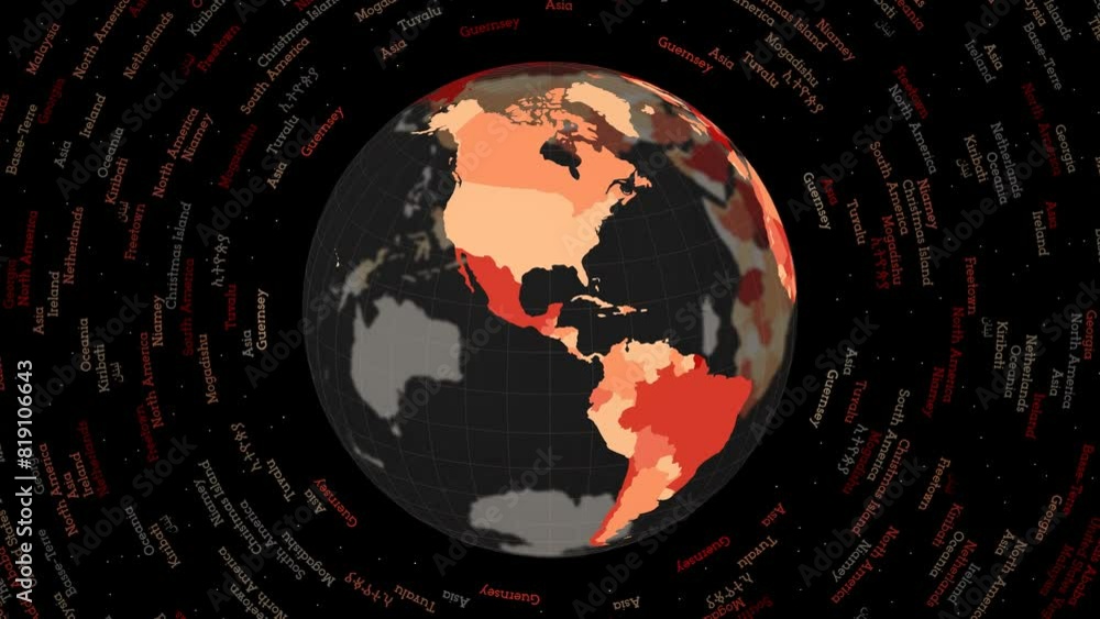 Poster rotating globe. dark translucent globe with round geographical names text. appealing spinning planet